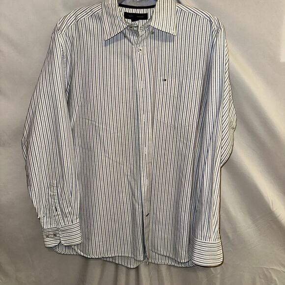 Tommy Hilfiger Mens Long Sleeve Button down Blue White Stripe Size Medium - Picture 1 of 9